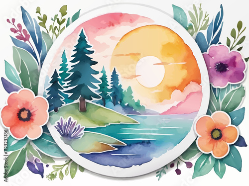 fancy watercolor forest and sea landscape with sunset and flower frame vecror photo