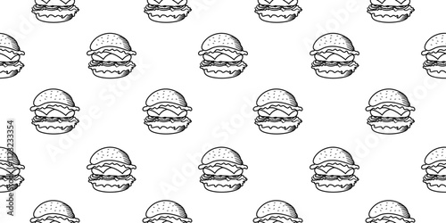 doodle burger pattern background. doodle fast food burger seamless pattern background. seamless pattern of burger in doodle style. Seamless Pattern of a Cheese Burger or Hamburger. hamburger pattern.
