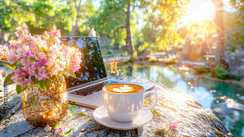 serene remote workspace featuring laptop, coffee mug, and flowers, surrounded by nature beauty. sunlight creates warm and inviting atmosphere