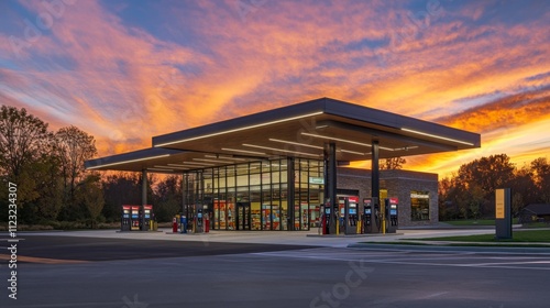 Modern Gas Station Architecture at Sunrise