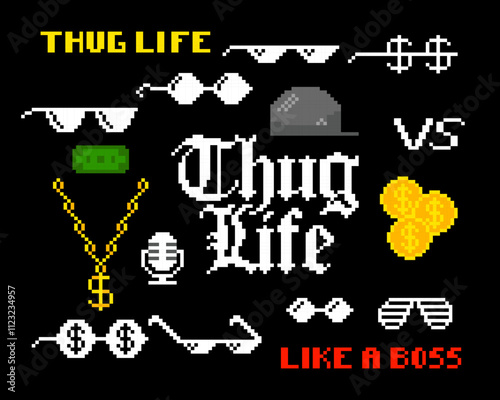 Set of pixelated gangster attributes of street rappers. Boss pixel attributes, sunglasses, hip hop baseball cap, money, gold chain.