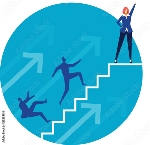 Businesswoman celebrating reaching the top of the stairs, representing career success, while other businessmen are struggling, climbing or falling, depicting competition and challenges in business