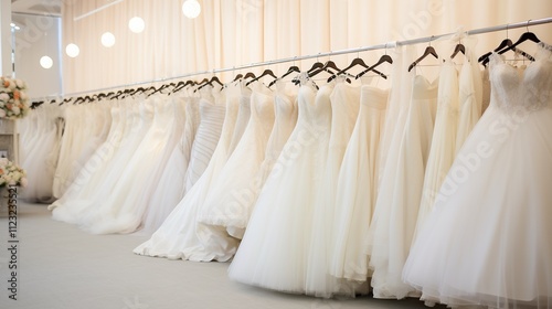 Elegant Collection of Bridal Gowns in a Wedding Dress Boutique photo