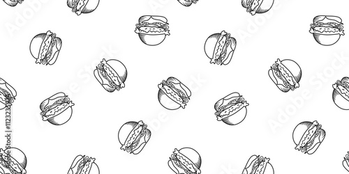 doodle burger pattern background. doodle fast food burger seamless pattern background. seamless pattern of burger in doodle style. Seamless Pattern of a Cheese Burger or Hamburger. hamburger pattern.