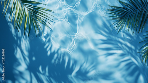 Tropical A soothing tropical scene featuring palm leaf shadows and delicate water ripple patterns cast on a vibrant blue background. Perfect for conveying relaxation, summer vibes,Palm Shadows on Blue