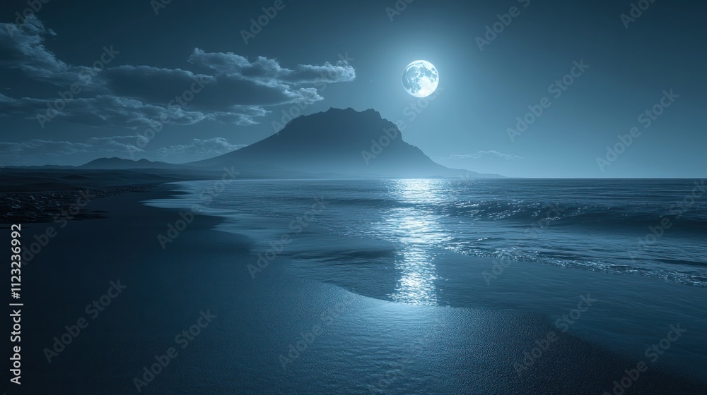 Moonlight beach landscape with a full moon over a mountain. Moonlight beach landscape with a full moon over a mountain.