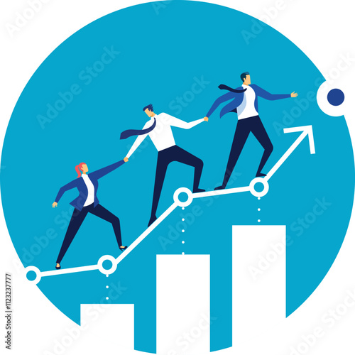 Business team climbing a growing chart, helping and supporting each other to achieve a common goal, symbolizing teamwork, collaboration, and success in business