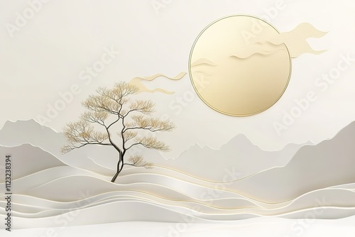 A simple Chinese-style logo, golden metal lines, a gold-colored tree on the mountain with a white background and blue sky in a circular shape photo