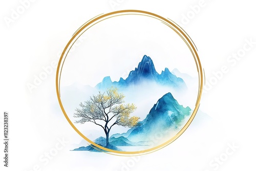 A simple Chinese-style logo, golden metal lines, a gold-colored tree on the mountain with a white background and blue sky in a circular shape photo