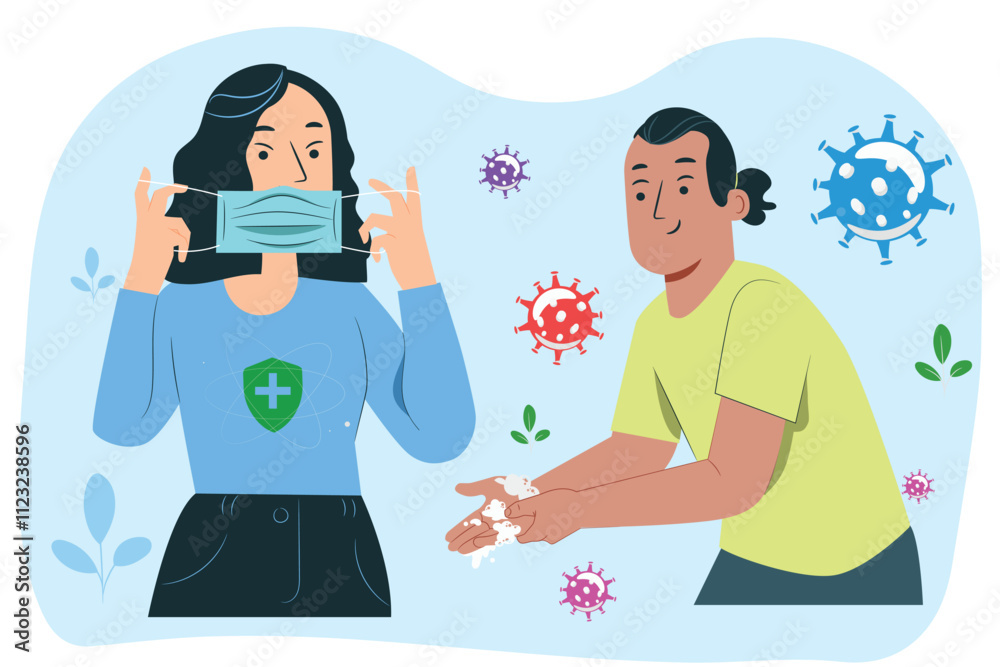 Vector illustration of people with mask, gloves and washing hand during coronavirus pandemic. Health care vector illustration 4 Vector illustration of people with mask, gloves and washing hand during coronavirus pandemic. Health care vector illustration 4