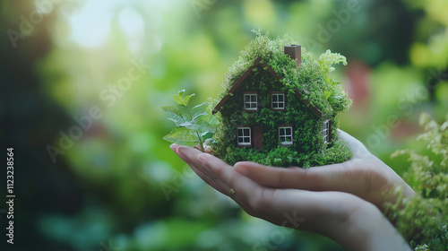 Eco-Friendly  A miniature house covered in lush greenery resting on a pair of hands, symbolizing sustainable living, environmental care, and eco-friendly housing. Set against a vibraGreen Home Concept photo