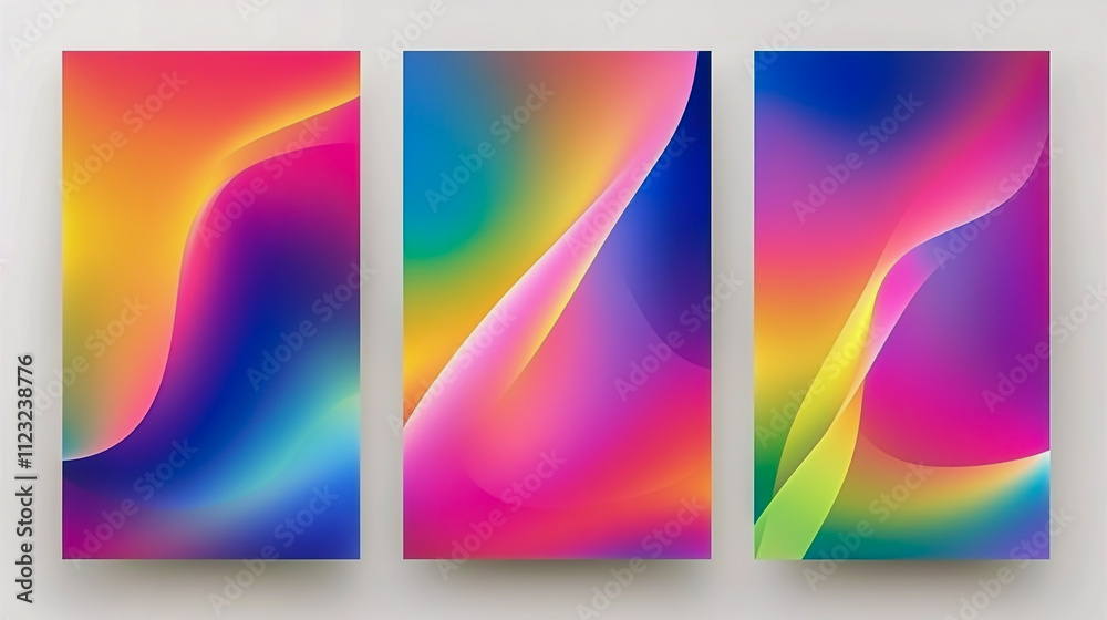 Fototapeta premium Collection of modern gradient poster backgrounds featuring vibrant, minimalist designs with 3D geometric prism shapes