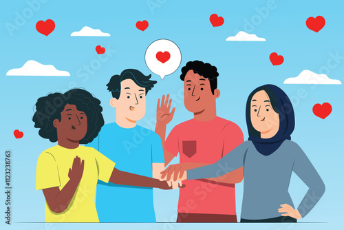 Diverse multiracial happy young men, women holding hands together vector illustration