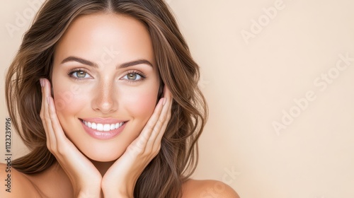 A woman with long brown hair smiles gently, resting her hands under her chin against a soft beige background photo