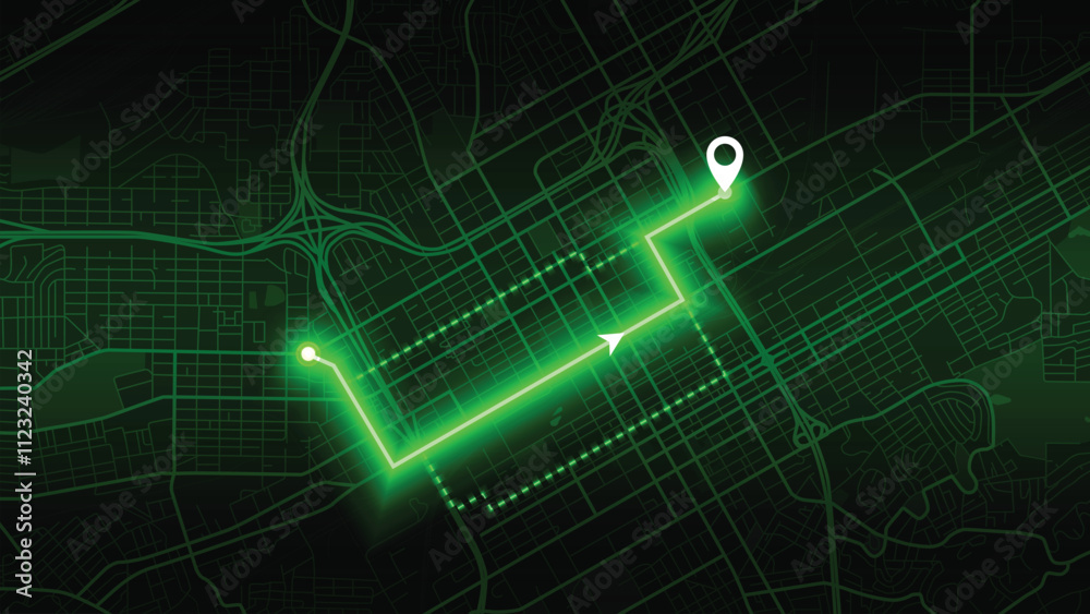 green neon GPS road map of Birmingham with the arrow that moves to the point of destination green neon GPS road map of Birmingham with the arrow that moves to the point of destination