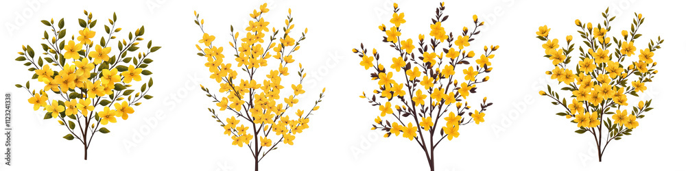 Obraz premium Vibrant yellow forsythia bush with lush blooming flowers in a spring landscape The cheerful and sunny floral display showcases the beauty of the natural environment