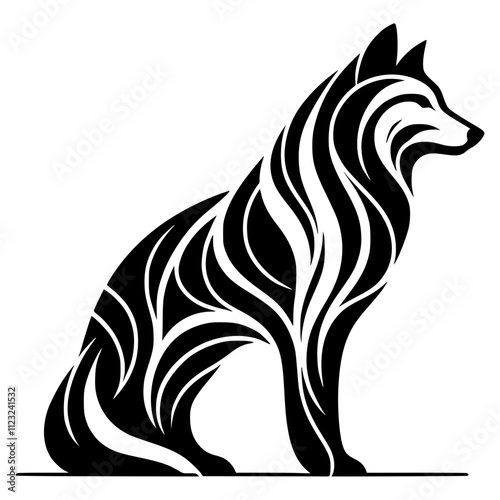 Minimalist black and white wolf silhouette created with bold lines, abstract design on plain background, ideal for contemporary minimalist artwork