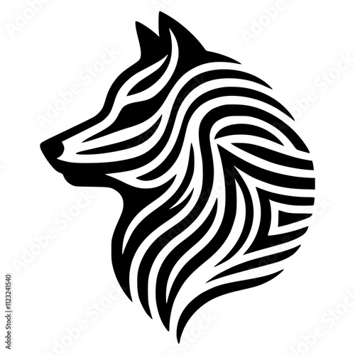 Minimalist black and white wolf silhouette created with bold lines, abstract design on plain background, ideal for contemporary minimalist artwork
