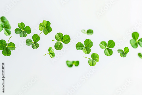 Clover shamrock vector irish pattern. St Patrick day realistic green border for banner with leaf confetti.