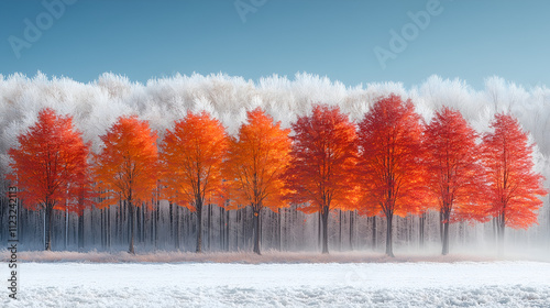  row of trees with autumn colors in the background, against a clear blue sky. The trees have red and orange leaves photo