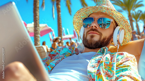 digital nomad relaxing on beach chair, working remotely on laptop while wearing sunglasses and headphones. vibrant atmosphere enhances experience