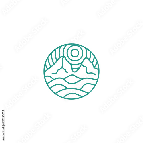 Green Mountain Hill with Sun Wave Light and Lake River, Wellness and Sauna Logo Design Vector