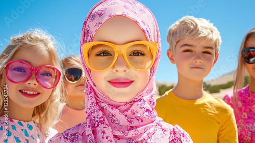 diverse group of children wearing colorful outfits and sunglasses, smiling joyfully in sunny outdoor setting. Their vibrant attire and cheerful expressions create lively atmosphere