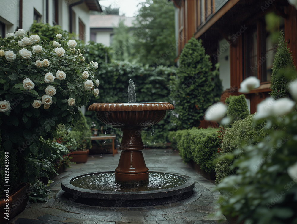 Courtyard garden with a central fountain Courtyard garden with a central fountain