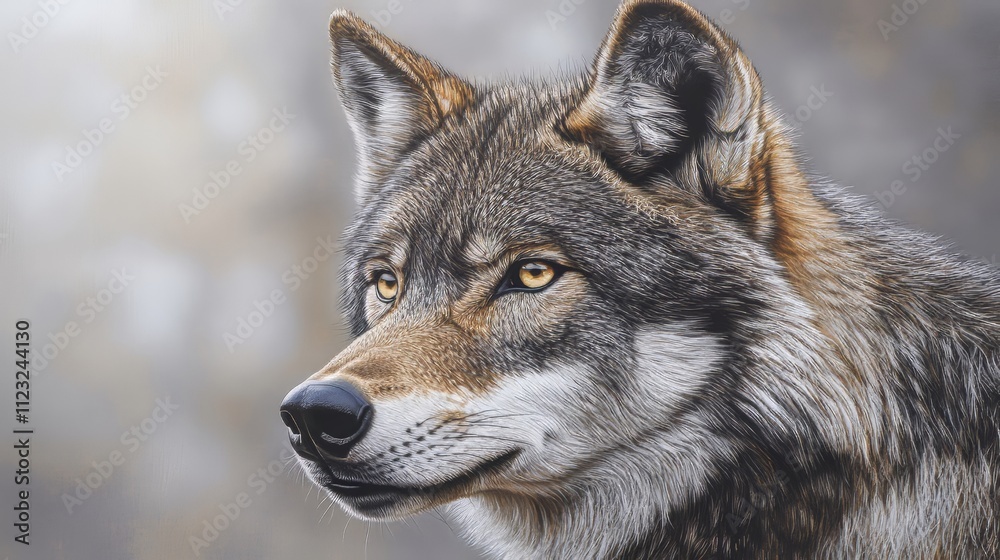 Obraz premium A gaze from a strong and self-confident wolf. stock photo. wolf wallpaper. Ultra realistic. Photorealistic hypermaximalist hyper realistic fine detail