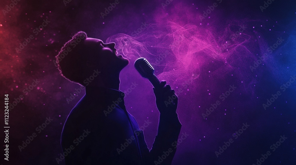 A silhouette of a singer holds a microphone against a vibrant, colorful background, emitting a sense of passion and creativity in a cosmic atmosphere. A silhouette of a singer holds a microphone against a vibrant, colorful background, emitting a sense of passion and creativity in a cosmic atmosphere.