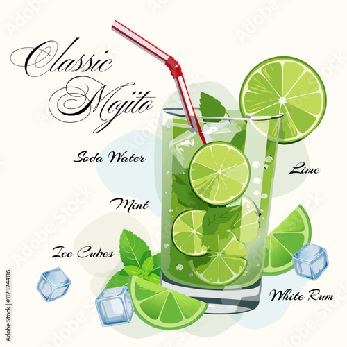 Mojito Cocktail Flat design. Summer Cocktail Drink Vector Illustration