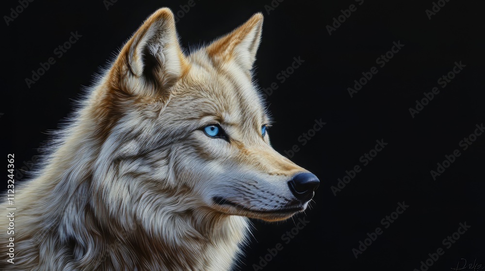 Fototapeta premium A portrait of a wolf with blue eyes and black background. wolf wallpaper. Ultra realistic. Photorealistic hypermaximalist hyper realistic fine detail