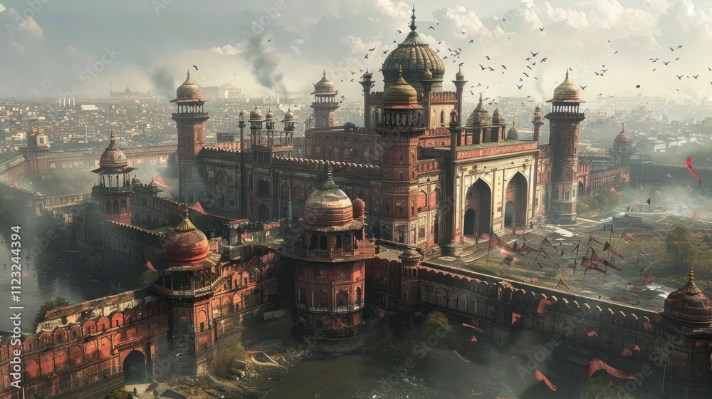 Fototapeta premium Majestic Architectural Fantasy of Ornate Domes Minarets and Spires in a Mythical Cityscape An Intricate and Captivating Digital of an Imaginary Fantastical City Landscape with Breathtaking