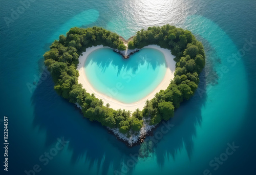 Aerial view of heart shaped island surrounded by turquoise water, featuring lush greenery and sandy beach, creating romantic and serene atmosphere