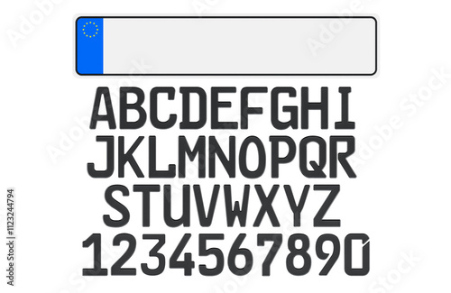 Blank vehicle registration plate with set of numerals and letters, 3D rendering isolated on transparent background