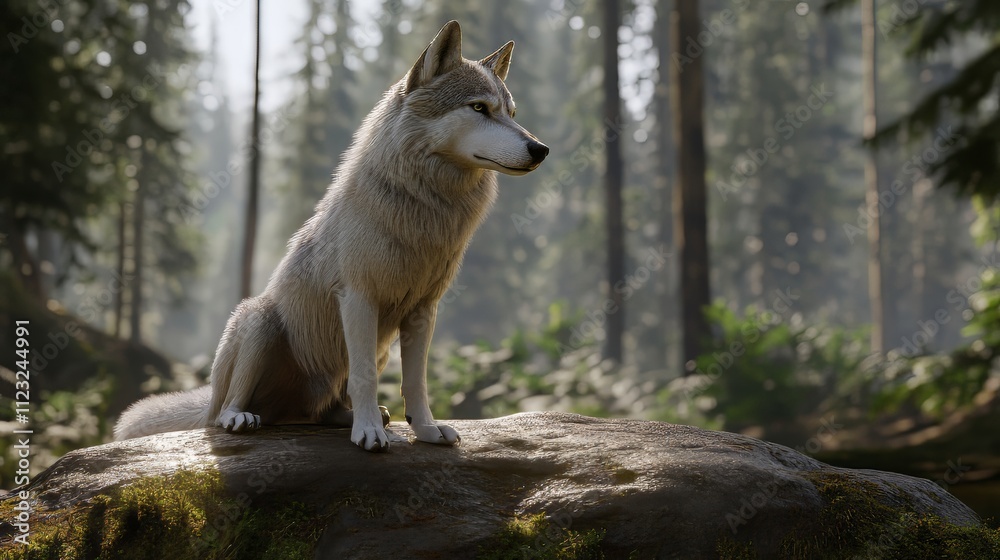 Fototapeta premium A tamaskan dog is positioned on a rock in a forest. wolf wallpaper. Ultra realistic. Photorealistic hypermaximalist hyper realistic fine detail