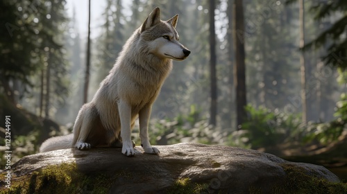 A tamaskan dog is positioned on a rock in a forest. wolf wallpaper. Ultra realistic. Photorealistic hypermaximalist hyper realistic fine detail photo
