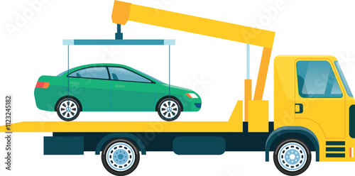 Tow truck lifting a green broken car onto a flatbed, utilizing a crane for efficient roadside assistance and transportation services in an urban setting
