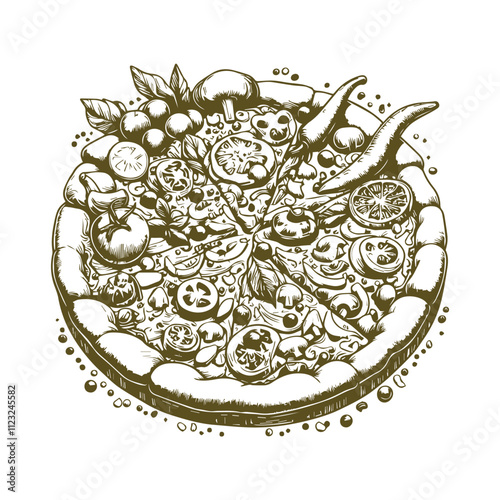 Hand drawn line art pizza illustration