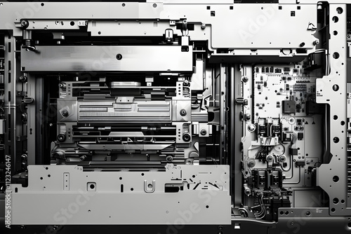 Intricate View of Xerographic Printing Process Highlighting Photocopier Mechanisms in Black and White photo