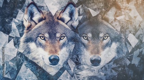 Artistic geometric patterns with majestic wolves for dramatic wallpaper combine creative geometric designs with the majestic presence of wolves to create a bold and dramatic wallpaper. wolf wallpaper. photo