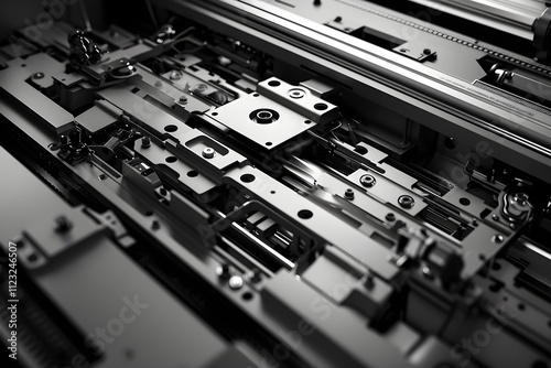 Intricate View of Xerographic Printing Process Highlighting Photocopier Mechanisms in Black and White photo