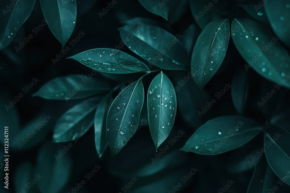 Fototapeta premium A close-up view of dark green leaves with droplets, creating a serene, natural ambiance.