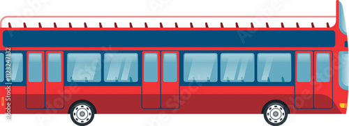 Large, red, double decker bus, designed for sightseeing tours, featuring an open top deck, large windows, and multiple doors for easy access, perfect for urban exploration and travel experiences