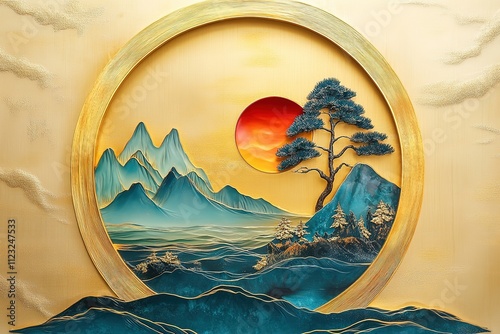 3D relief painting with a golden ratio composition, featuring a light luxury Chinese-style background wall hanging decoration.