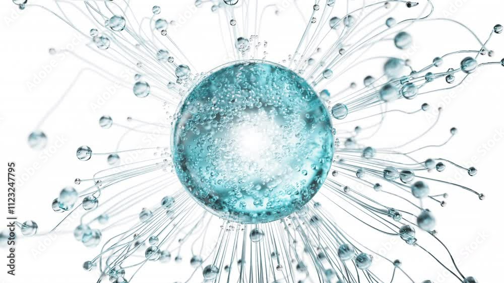 Blue cosmetic serum with liquid bubbles in a 3D abstract background. Hydrating essence gel enriched with collagen molecules. Moisturizing cream or oil for advanced skincare, beauty, and skin health.