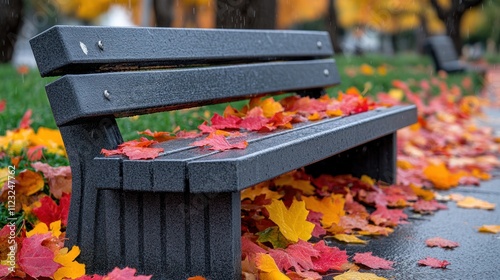 Park bench covered in colorful autumn leaves on a wet sidewalk. photo