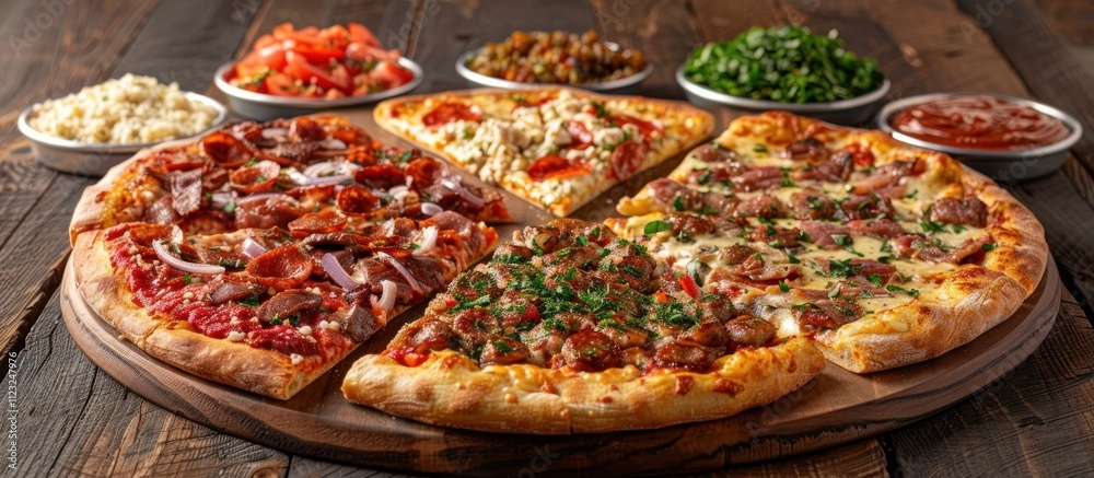 An assortment of mouthwatering pizza slices with a variety of toppings and flavors including classic pepperoni savory vegetables and melted cheese artfully arranged on a rustic wooden board An assortment of mouthwatering pizza slices with a variety of toppings and flavors including classic pepperoni savory vegetables and melted cheese artfully arranged on a rustic wooden board