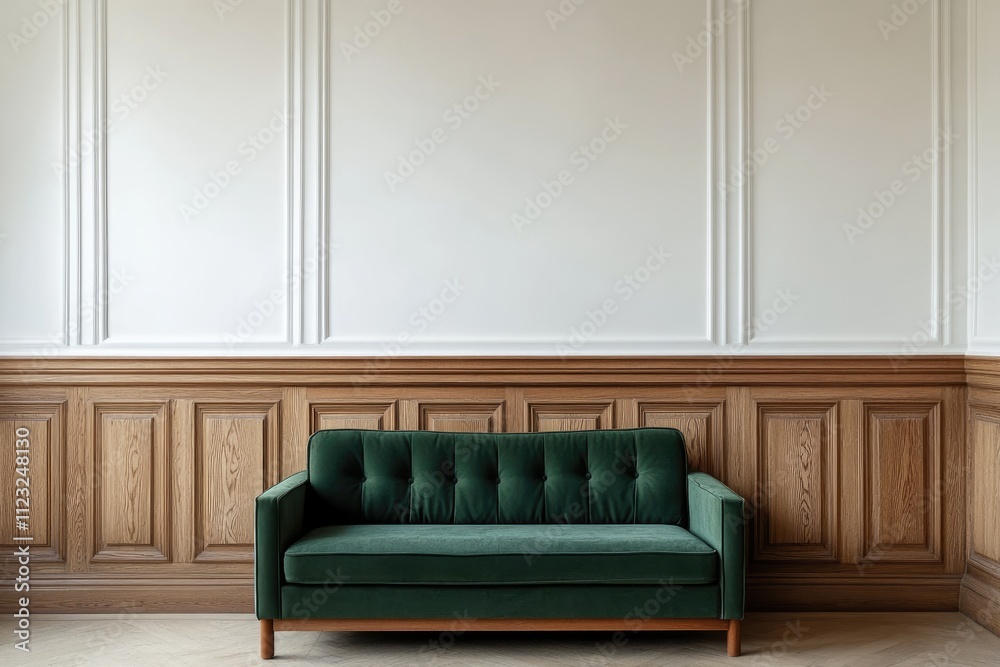 Fototapeta premium A minimalist interior featuring a green sofa against a wooden wall.