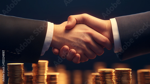 Close-up of handshake over stacks of coins, symbolizing business agreement and financial collaboration.